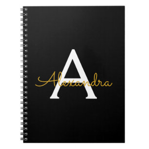 Carnet Black Gold Modern Script Girl Monogramme Nom