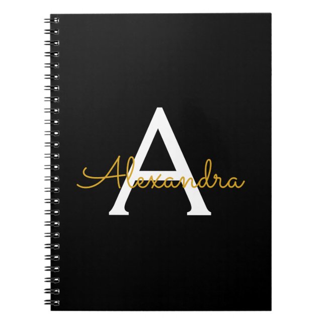 Carnet Black Gold Modern Script Girl Monogramme Nom (Devant)