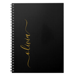 Carnet Black Gold Modern Script Girl Monogramme Nom