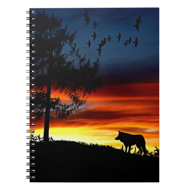 Carnet Black Silhouette of Wolf, Birds and Tree in Sunset (Devant)