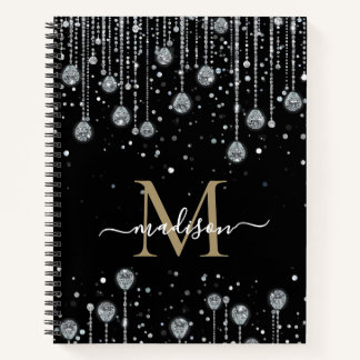 Carnet Black Silver Glitter Sparkle drops Monogram 