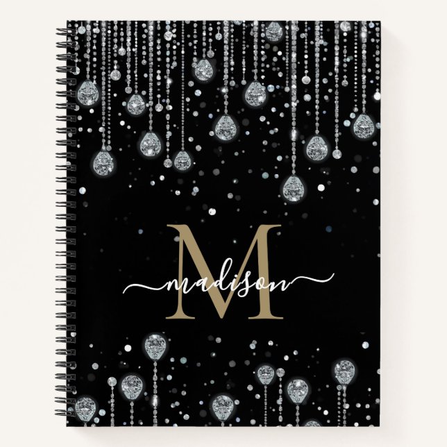 Carnet Black Silver Glitter Sparkle drops Monogram  (Devant)