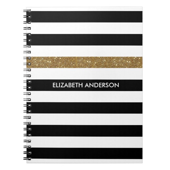 Carnet Black Stripes FAUX Gold Glitz et Nom (Devant)