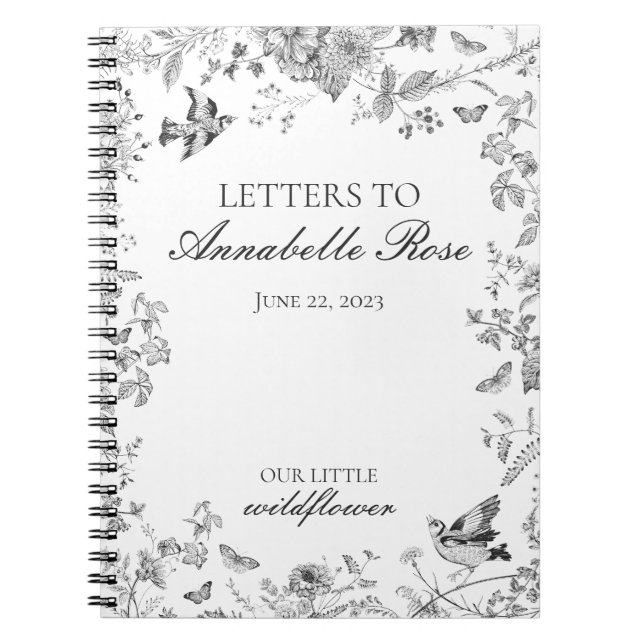 Carnet Black Toile Jouy Floral Letters to Birthday Girl (Devant)