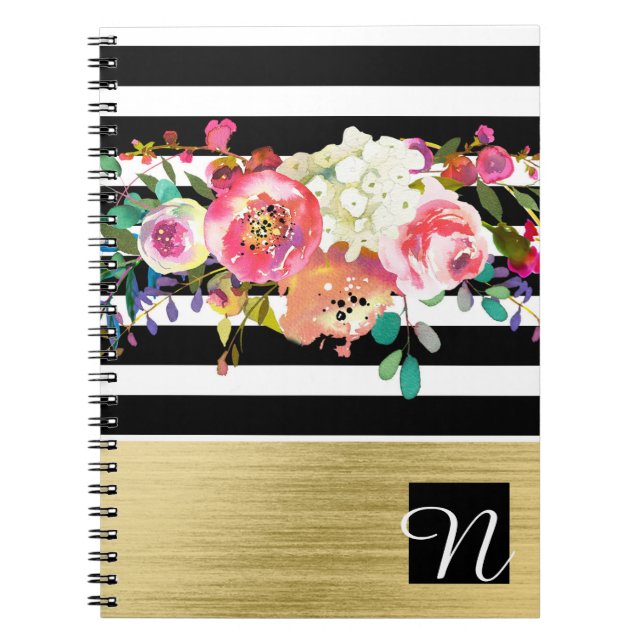 Carnet Black White Gold Modern Floral Glam Elegant Chic (Devant)
