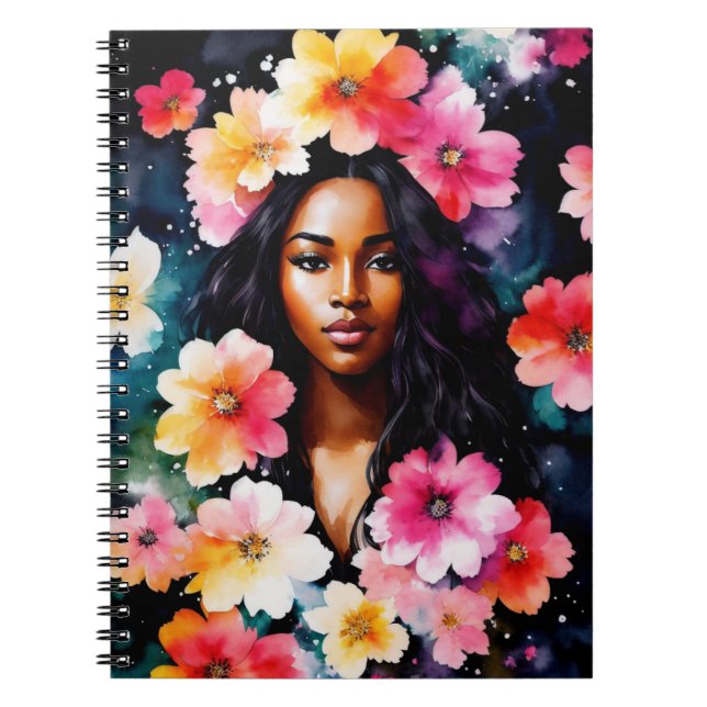 Carnet Black Woman Aquarelle Floral Art (Devant)