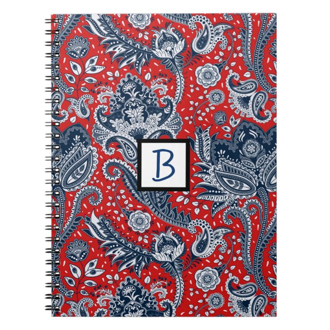 Carnet Blanc rouge et bleu Floral Paisley Bohemian Boho (Devant)