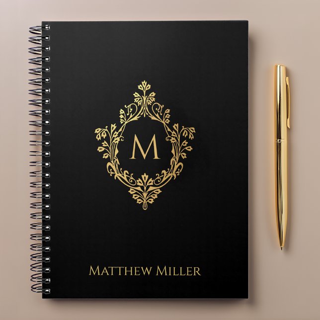 Carnet Blason élégant en monogramme noir orné de faux nom (Créateur téléchargé)