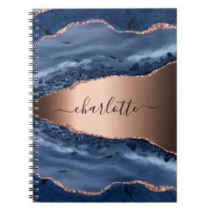 Carnet Bleu agate marbre rose or nom script