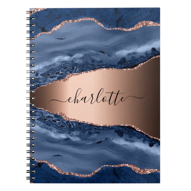 Carnet Bleu agate marbre rose or nom script (Devant)