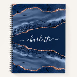 Carnet Bleu agate marbre rose or nom script