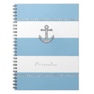 Carnet Bleu barbeau et rayures blanches Ancre en diamant