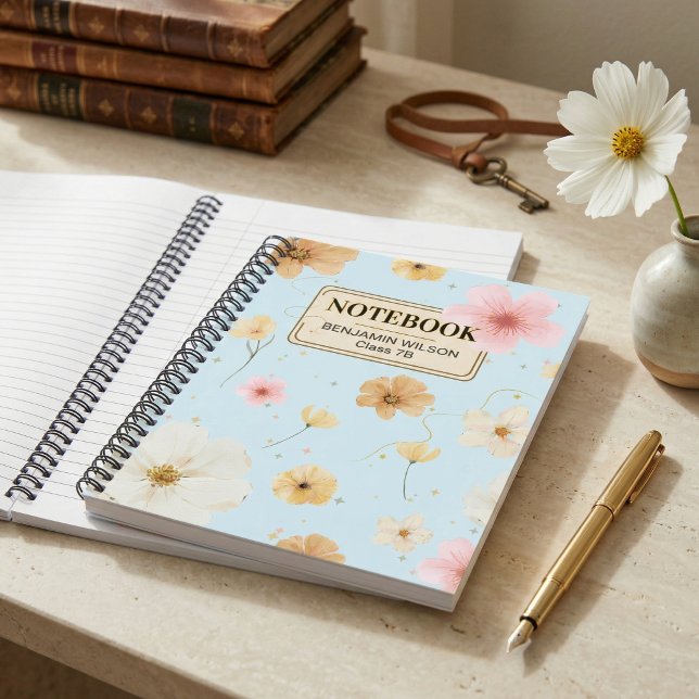 Carnet Bleu Beige Aquarelle Floral Botanique (Blue Beige Watercolor Floral Botanical Spiral Notebook for Journaling
)
