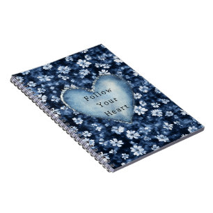 Carnet Bleu Blanc Denim Flowers Coeur