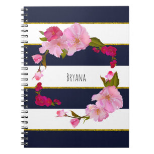 Carnet Bleu blanc et or Moderne Floral Cham