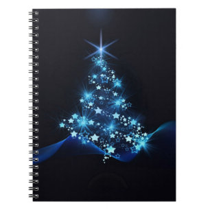 Carnet Bleu brillant des étoiles sur l'arbre de Noël fonc