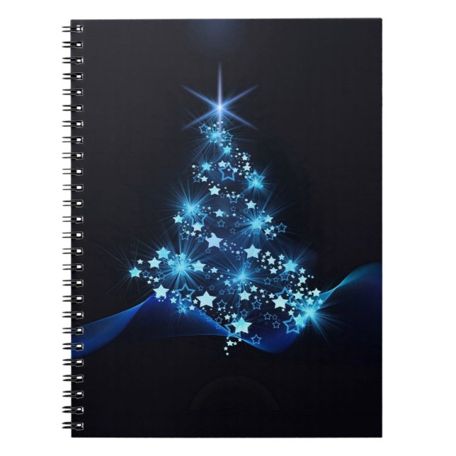 Carnet Bleu brillant des étoiles sur l'arbre de Noël fonc (Devant)