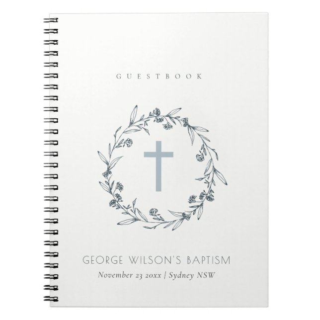 Carnet Bleu Dusky Floral Laurel Wreath Monogramme Baptême (Devant)