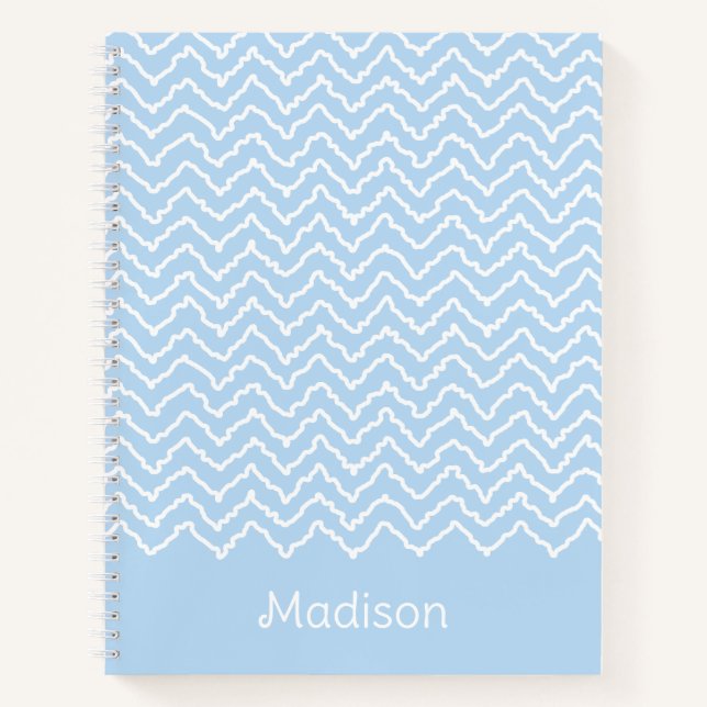 Carnet Bleu Et Blanc Chevron Zigzag Ondulé Avec Nom (Devant)