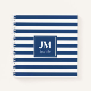 Carnet Bleu et blanc Rayures nautiques Monogramme