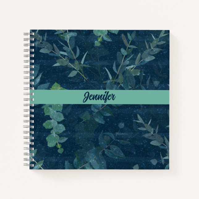 Carnet Bleu foncé et Feuilles verts Turquoises (Devant)