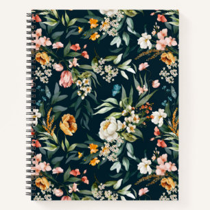 Carnet Bleu foncé Vintage Motif de fleurs de jardin