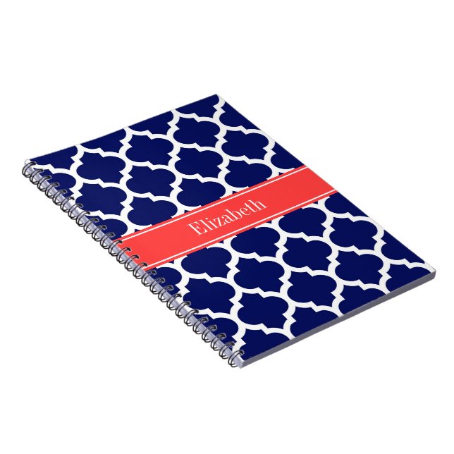 Carnet Bleu Marine Blanc Marocain #5 Rouge Corail Nom Mon (Côté Droit)