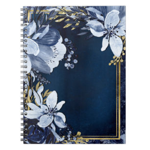 Carnet Bleu marine et or Élégant floral moderne aquarelle