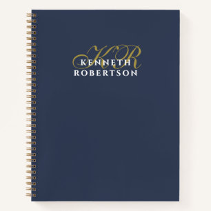 Carnet Bleu Marine Monogramme Or Blanc Minimaliste Hommes