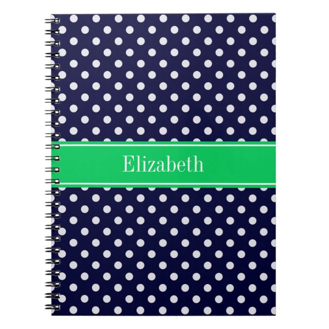 Carnet Bleu Marine Points Blancs Vert Emeraude Monogramme (Devant)