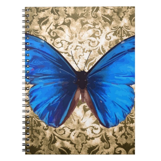 Carnet Bleu monarque papillon damassé art Vintage (Devant)