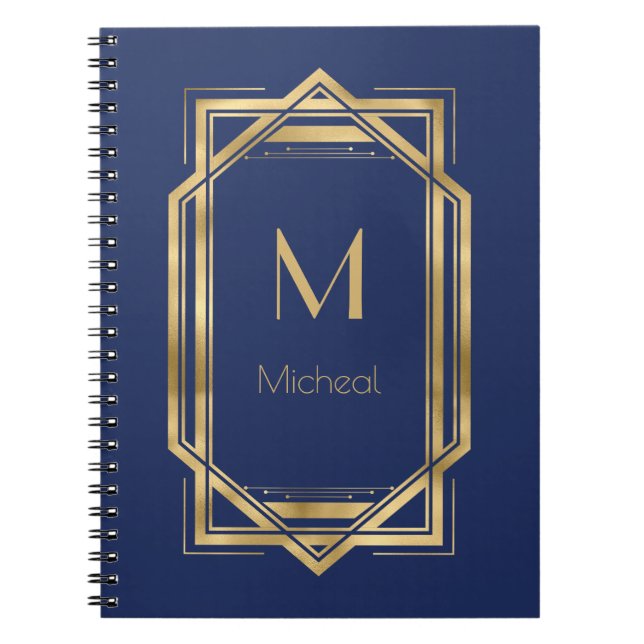 Carnet Bleu Nuit & Géométrique Doré | Monogramme & Nom (Devant)