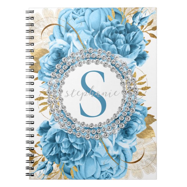 Carnet Bleu or Roses Monogrammes Diamants Luxe Glamour (Devant)