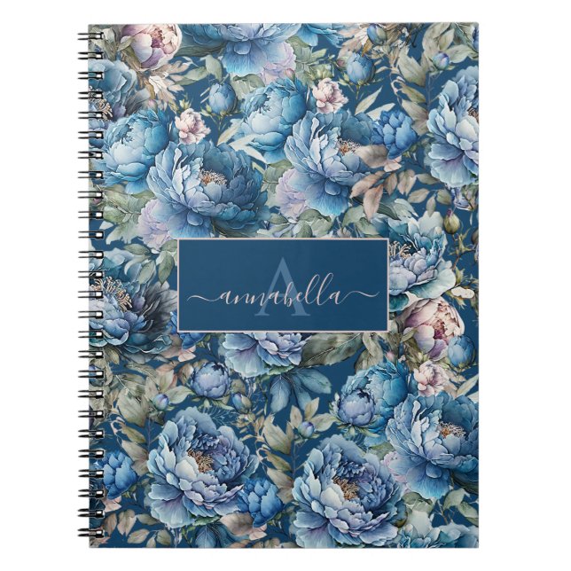 Carnet Bleu peony floral Nom du monogramme (Devant)