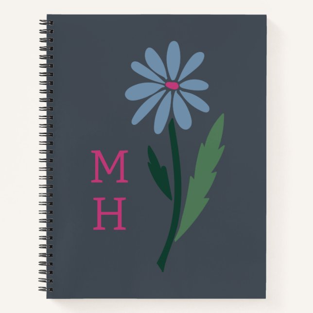 Carnet Bleu Rétro Floral Rose Monogramme Ardoise Grise (Devant)
