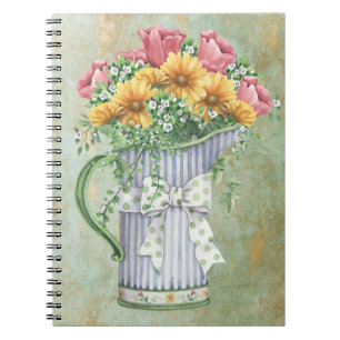 Carnet Bleu vintage & blanc rayé jug avec fleurs