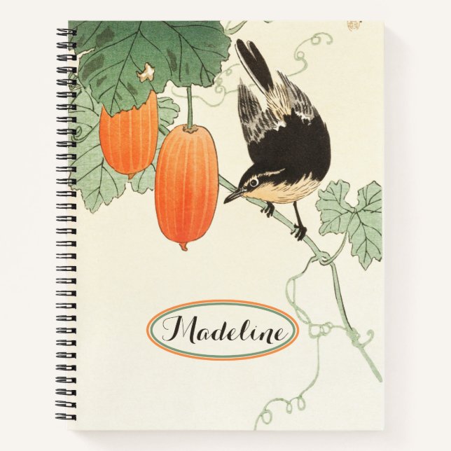 Carnet Bloc japonais Imprimer Oiseau et fruits orange (Devant)