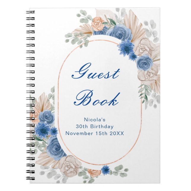 Carnet Blue Boho Pampas Grass Birthday Party Guest Book (Devant)