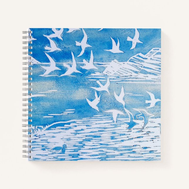 Carnet Blue Coast Birds Moderne Aquarelle Art (Devant)