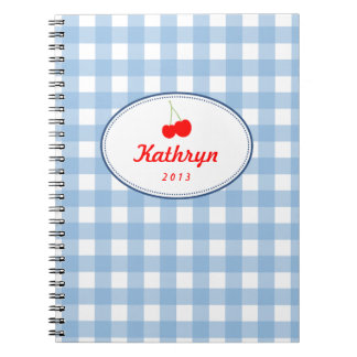 Carnet Blue country gingham pattern red cherry personal
