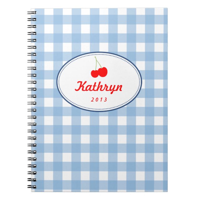 Carnet Blue country gingham pattern red cherry personal (Devant)