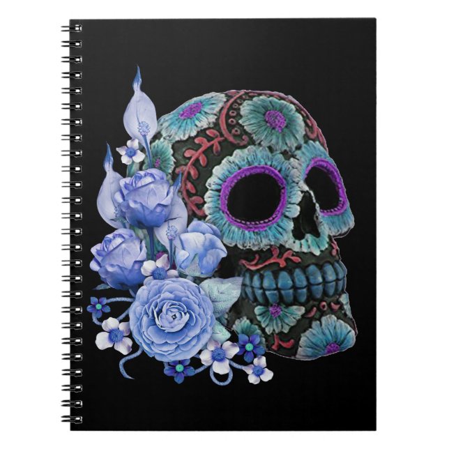 Carnet Blue Floral Black Sugar Skull Jour des morts (Devant)