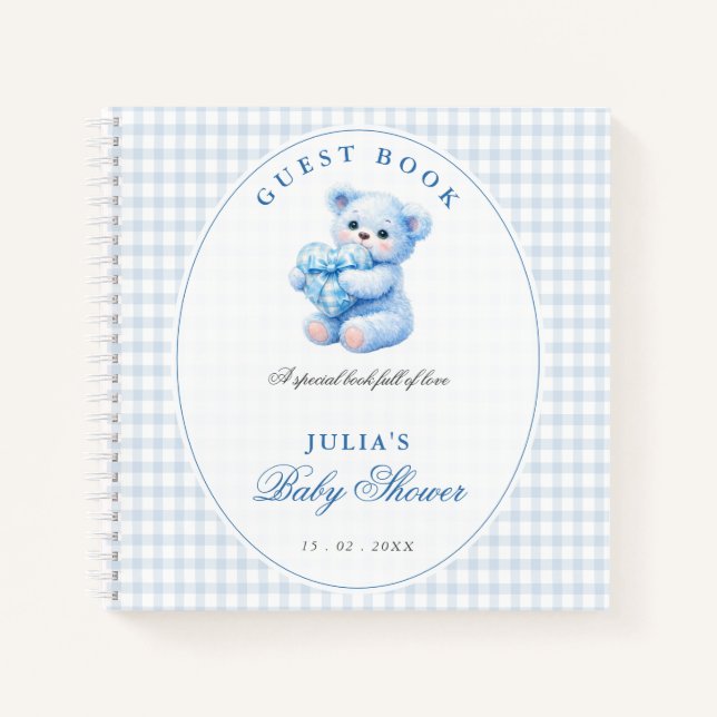 Carnet Blue Gingham Teddy Bear Neutral Baby Shower (Devant)