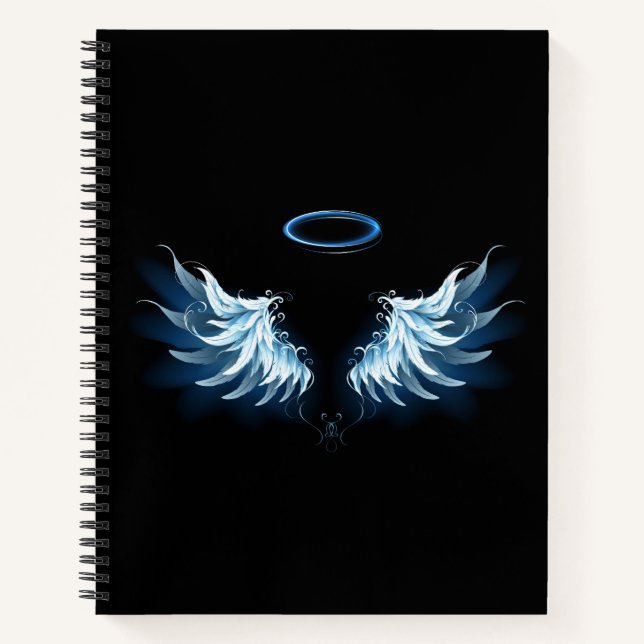 Carnet Blue Glowing Angel Wings on black background (Devant)