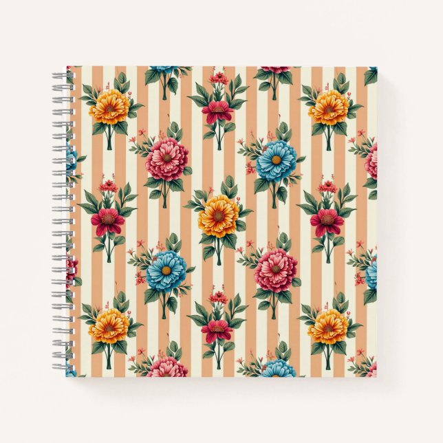 Carnet Blue Gold Pink Flowers on Tan Stripes (Devant)