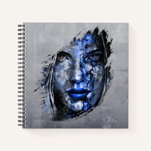 Carnet Blue Grey Mauvaise Fille visage et monogramme (Devant)