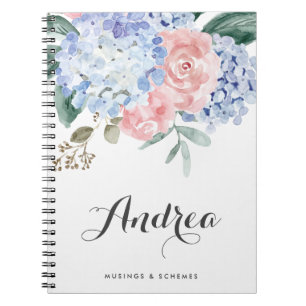 Carnet Blue Hydrangeas and Pink Roses Calligraphy