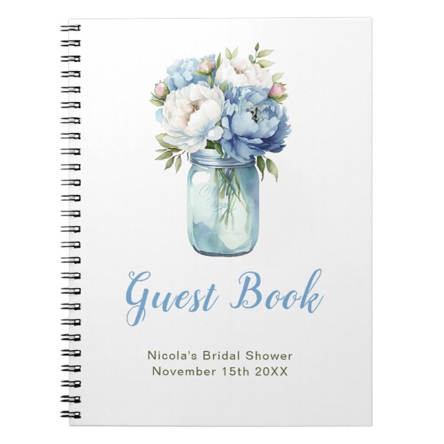 Carnet Blue Peonies Mason Jar Bridal Shower Guest Book (Devant)