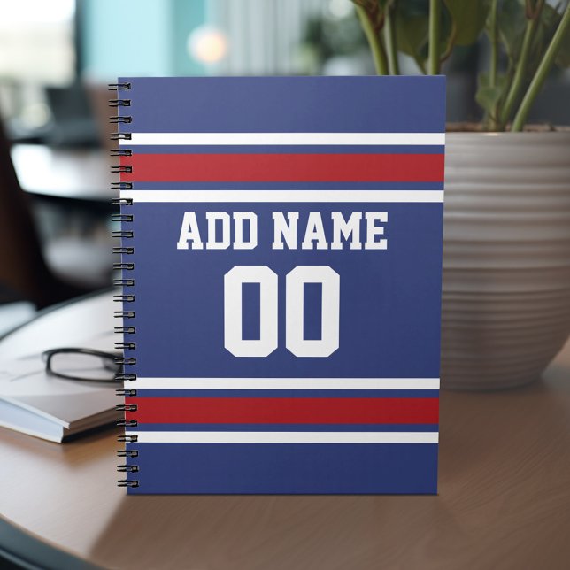 Carnet Blue Red Football Jersey Nom personnalisé Numéro (Personalized notebook with Sports Jersey Football Design - Custom Name and Other Text)