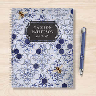 Carnet Blue Silver Bee Damask Girly Chic Nom moderne